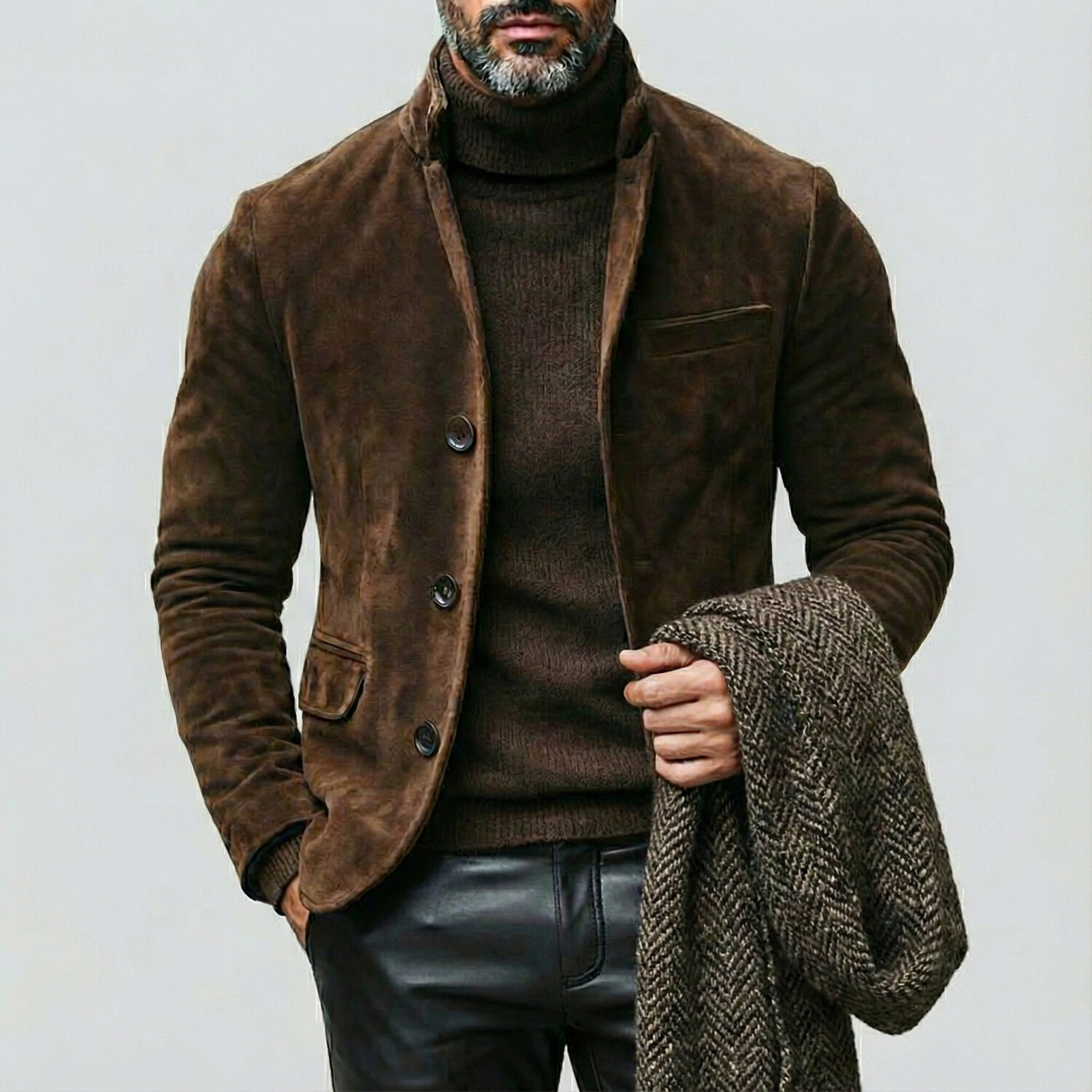 Men's Retro Dark Brown Stand Collar Long Sleeve Chest Pocket Single Breasted Suede Blazers