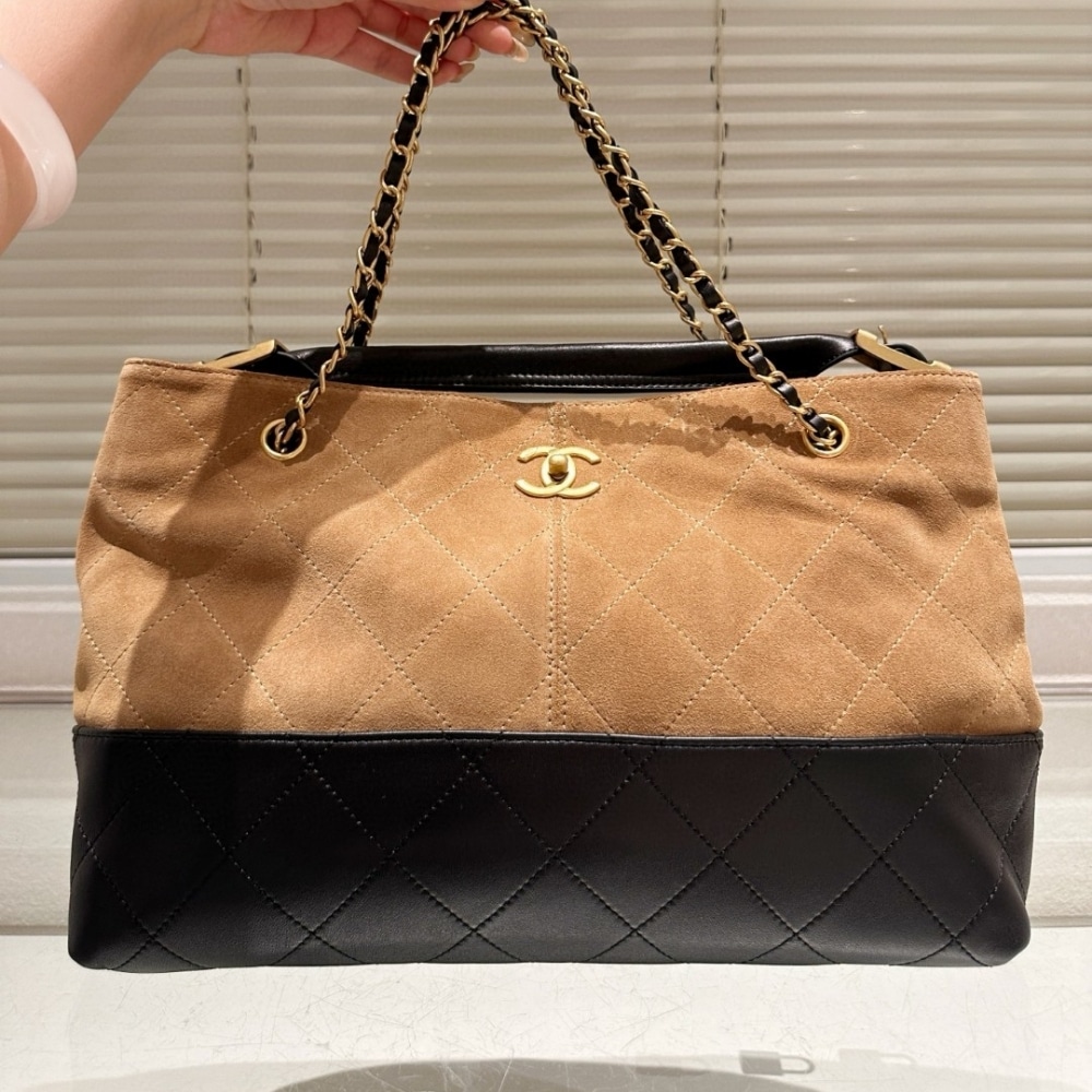 Chanel Shopping Bag Suede Leather Gold Tone Mental Beige And Black 36cm AS5657 B20827 U1536