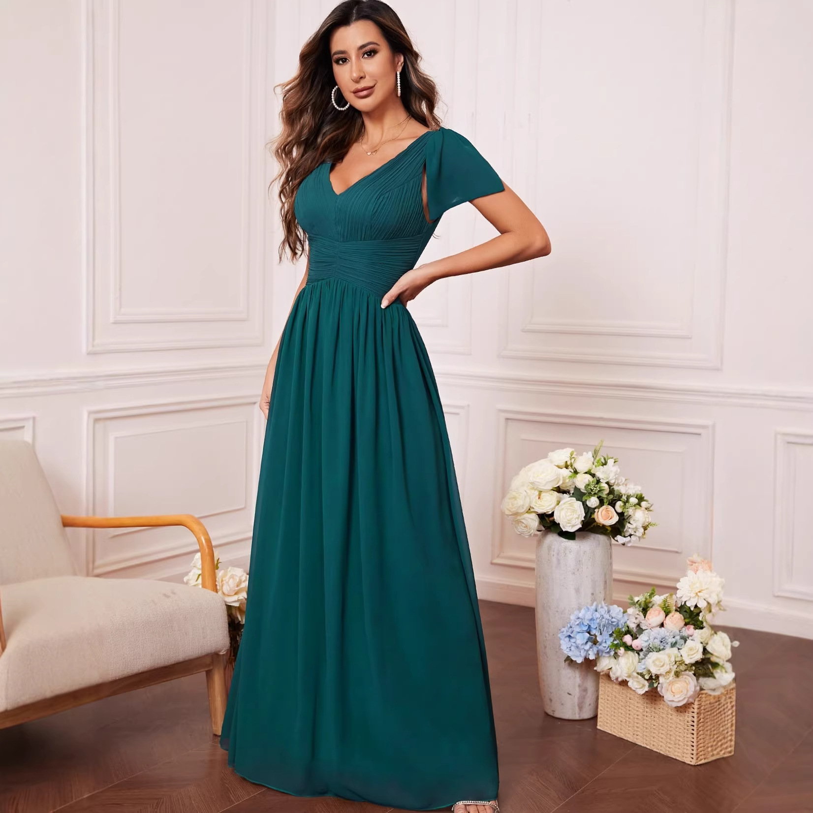 Women V-Neck Prom Bridesmaid Dress
