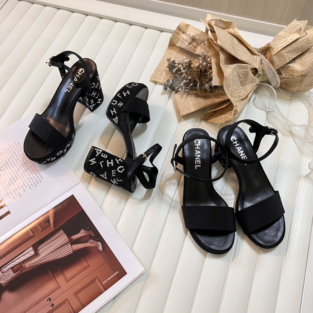 Chanel Sandal Pump Stone Beads Black Silver G45365 B15306 Nu665