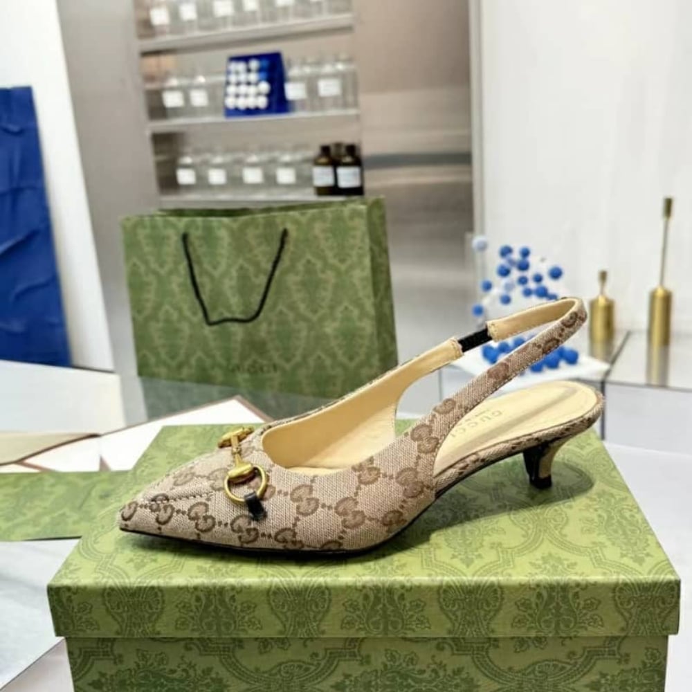 Gucci Women’S Slingback Pump With Horsebit Gg Canvas Beige And Ebony 782627 2Hk80 9763