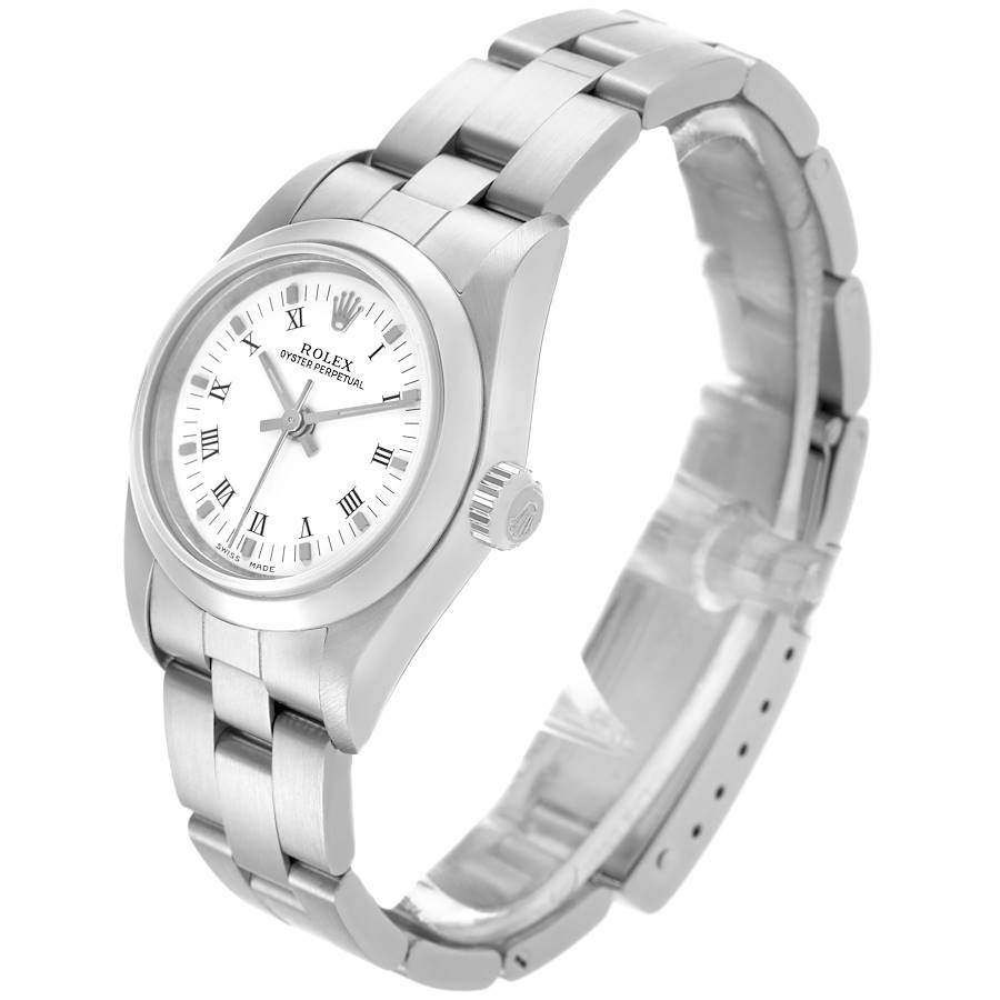 Rolex Oyster Perpetual White Roman Dial Smooth Bezel Steel Ladies Watch 76080