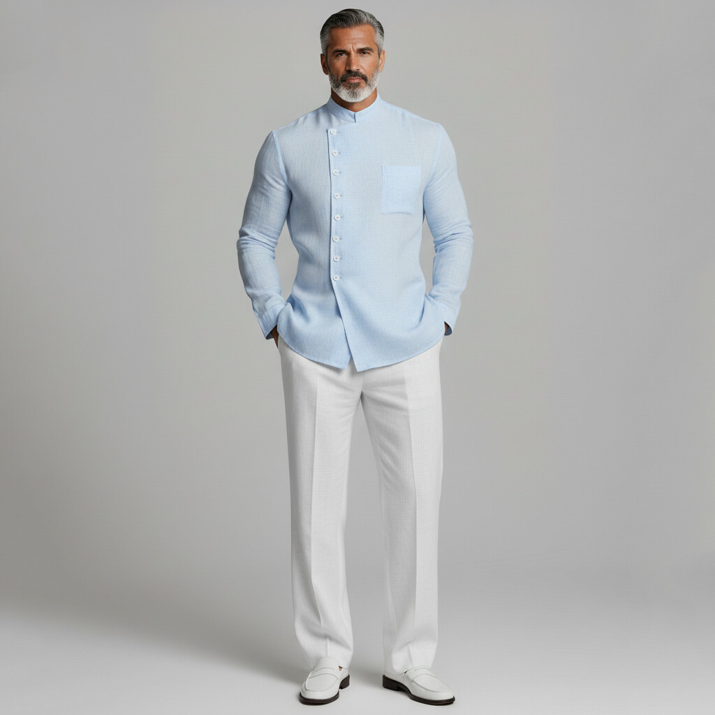 Men's Cool Blue Stand Collar Patch Pocket Slanted Placket Long Sleeve Linen Shirt