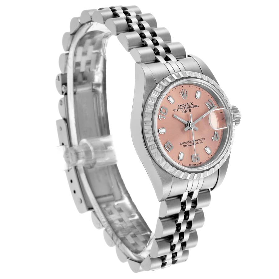 Rolex Date Salmon Dial Engine Turned Bezel Steel Ladies Watch 79240