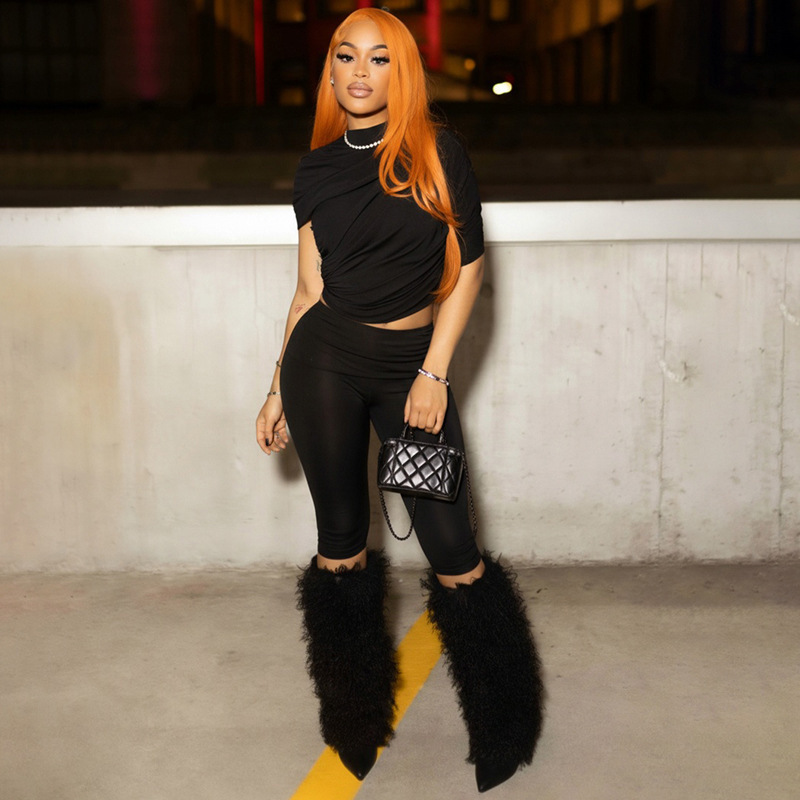 Women Spring Sexy Draped Top and Capri Pants Two-Piece Set