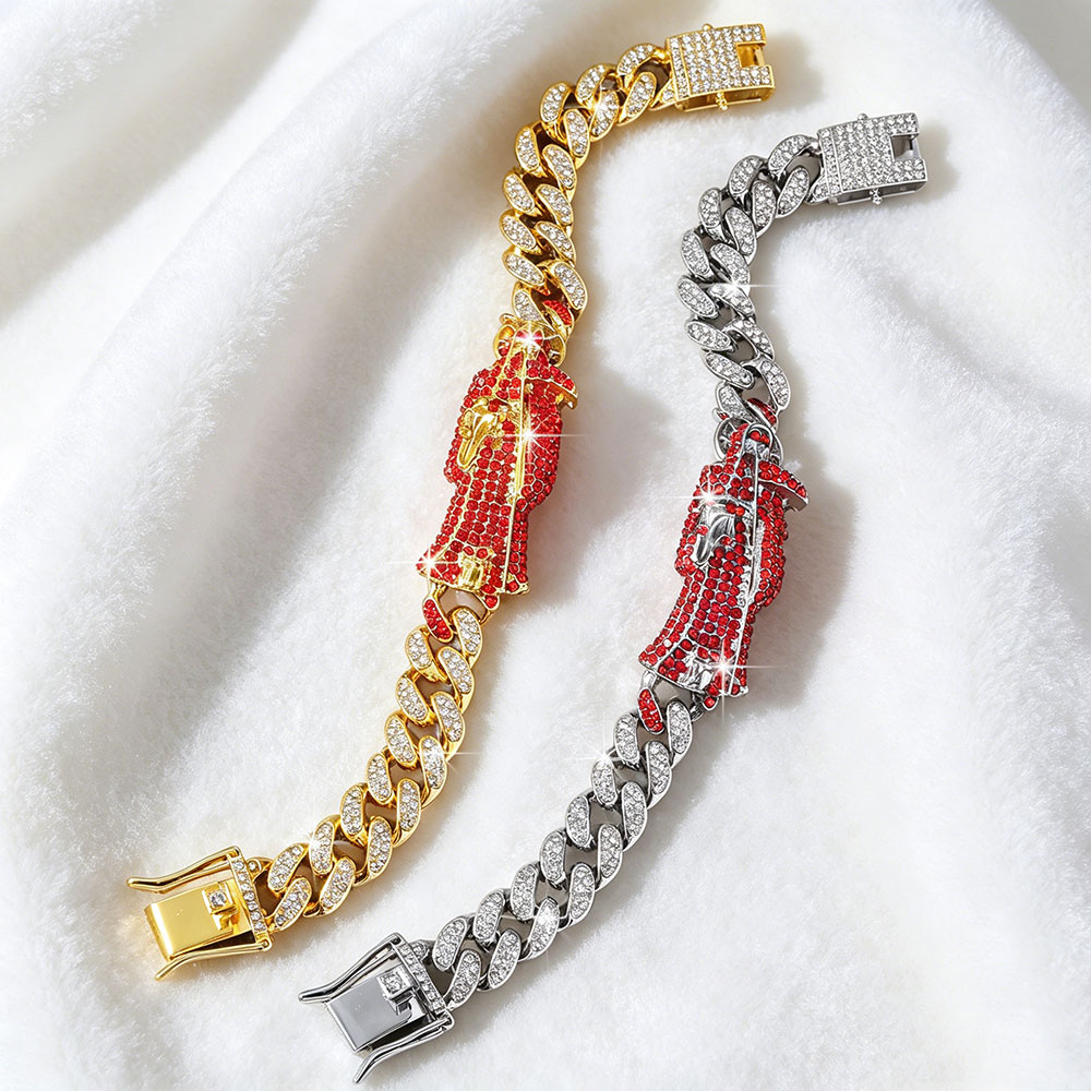 GemVibra Grim Reaper Cuban Link Bracelet with Rhinestone & Red Accents