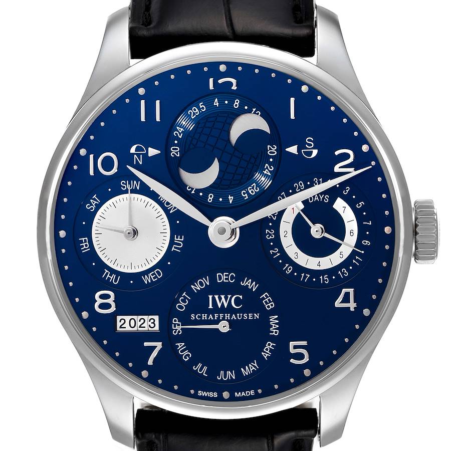 IWC Portuguese Perpetual Calendar Blue Dial White Gold Mens Watch IW503203