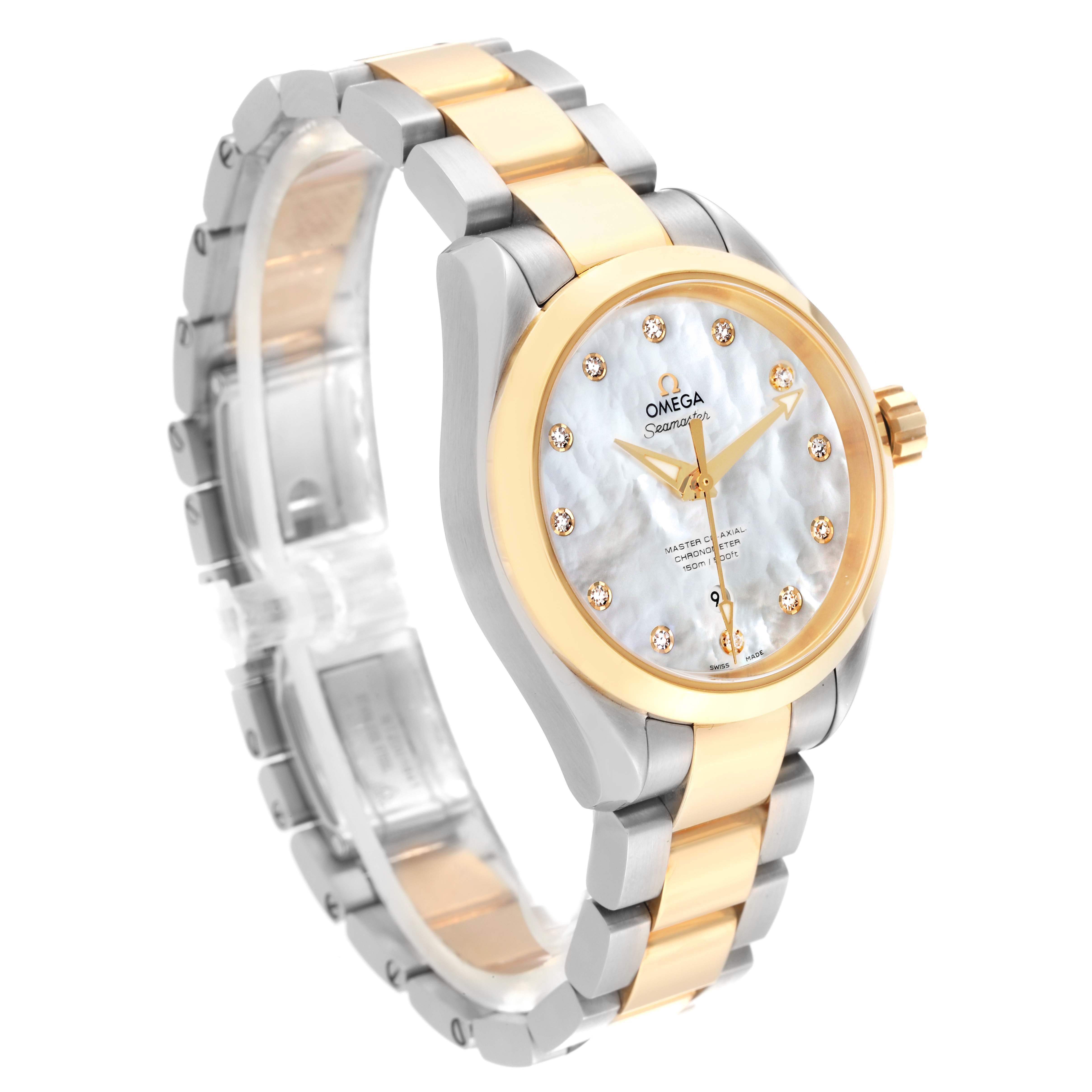 Omega Aqua Terra Steel Yellow Gold Mother of Pearl Diamond Dial Ladies Watch 34.0 MM 231.20.34.20.55.002