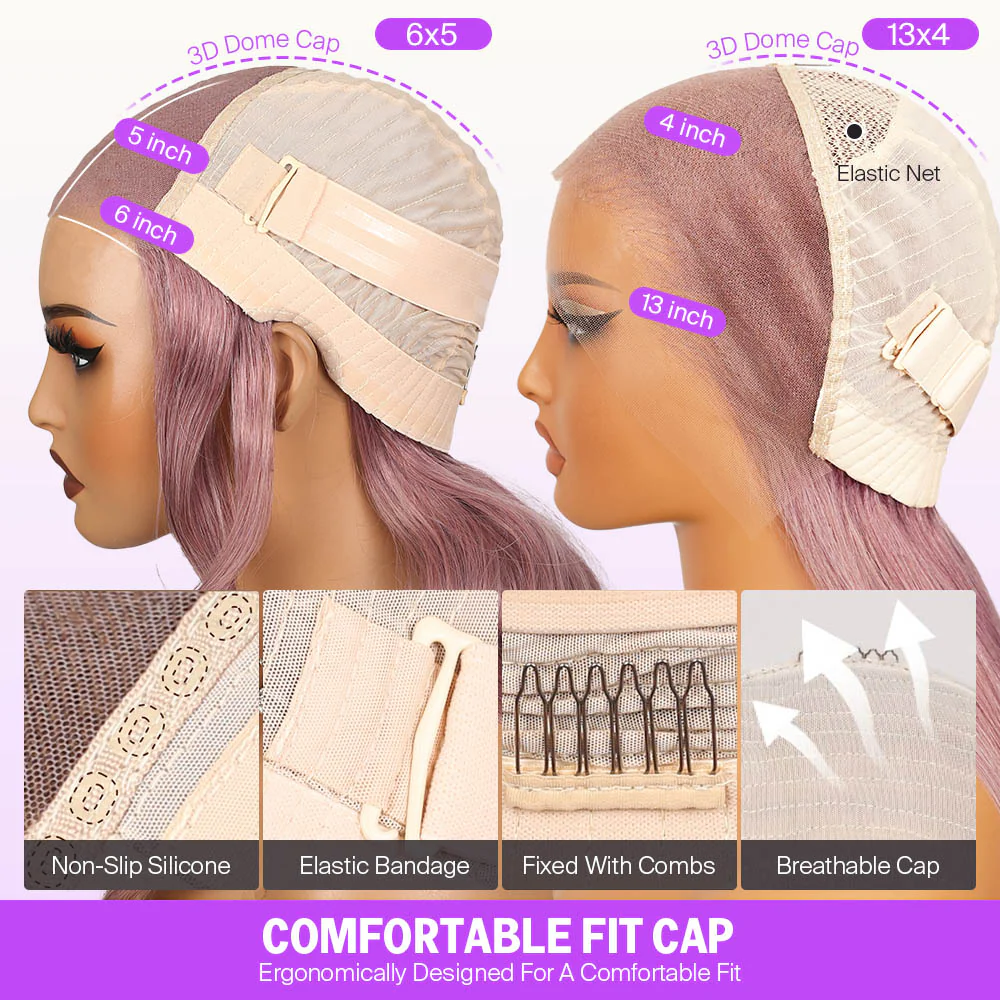 Megalook 6x5 Invisible Knots & 13x4 Lace Frontal Ash Purple Loose Body Wave Wigs Realistic Hairline