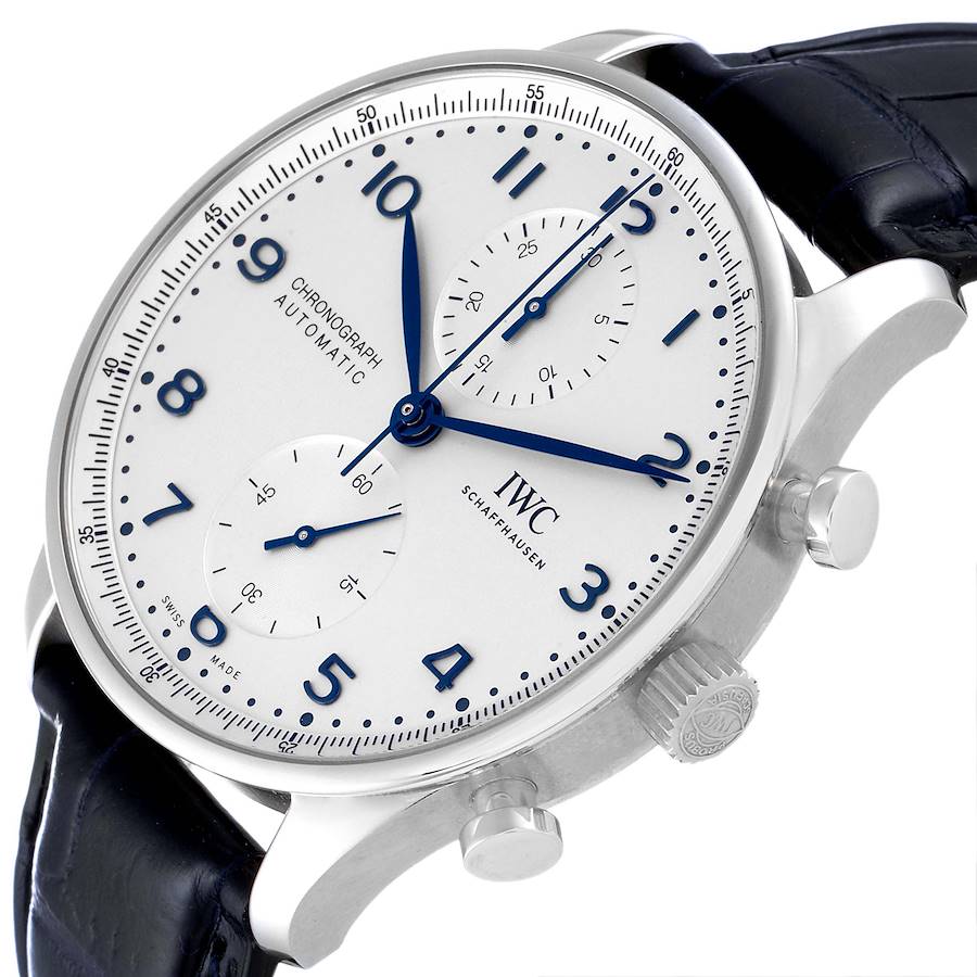 IWC Portugieser Chrono Silver Dial Blue Hands Steel Mens Watch IW371605