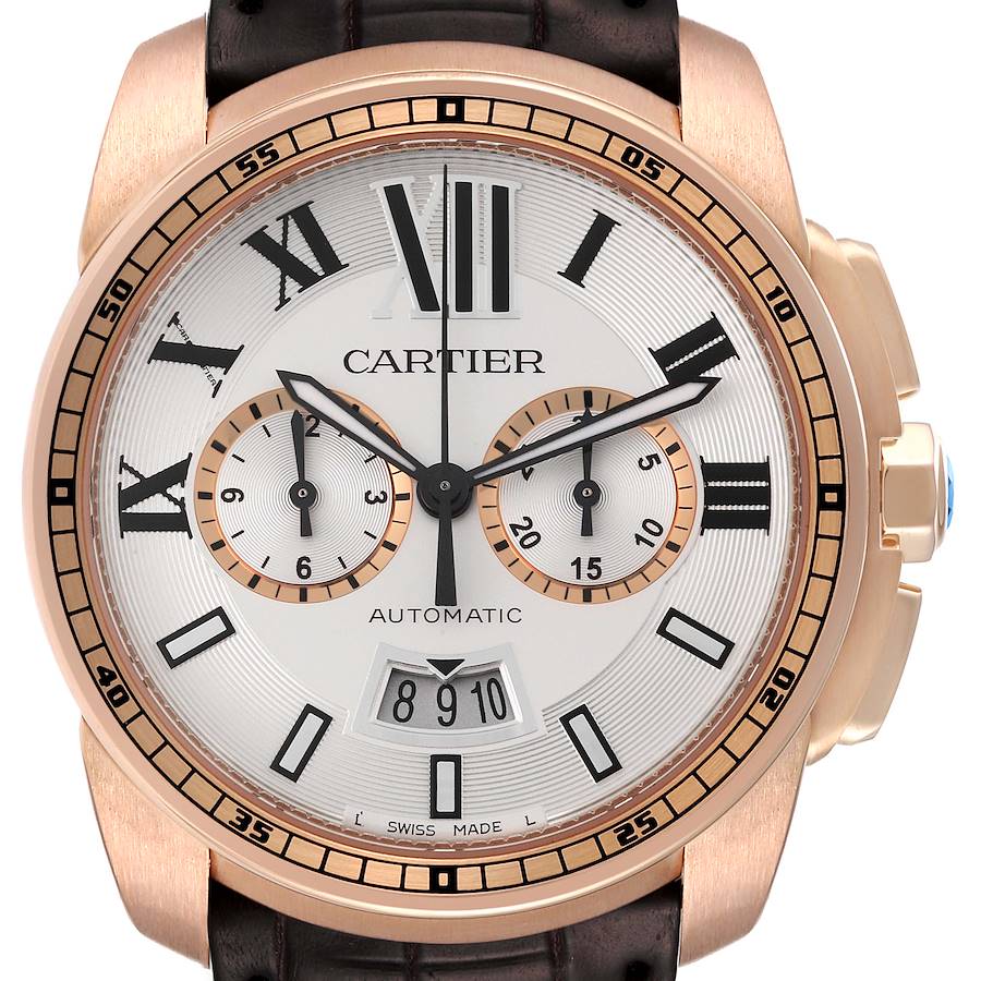 Cartier Calibre Silver Dial Rose Gold Chronograph Mens Watch W7100044
