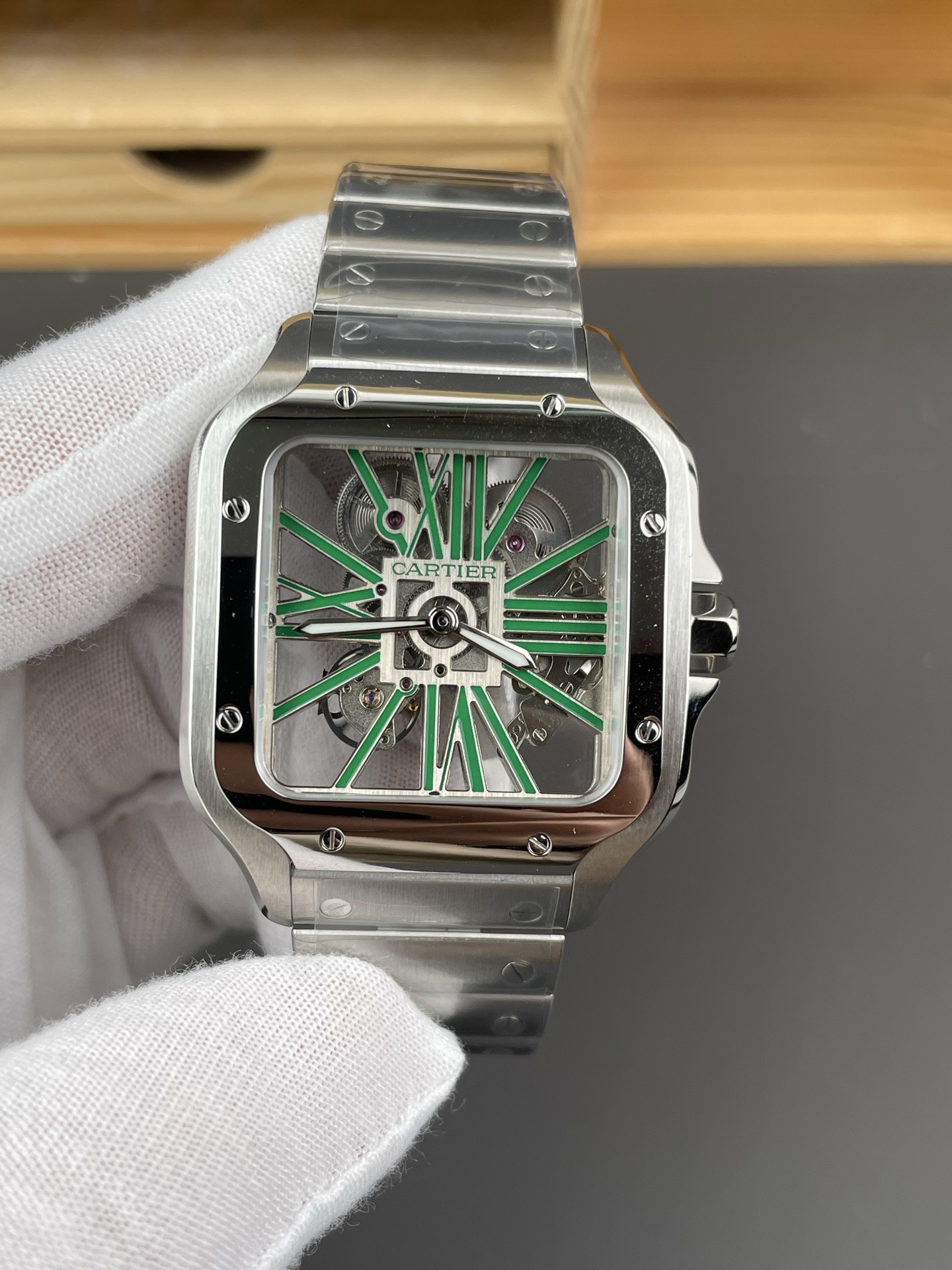 Santos Skeleton Series Steel Watch with Green Hands V2 Version