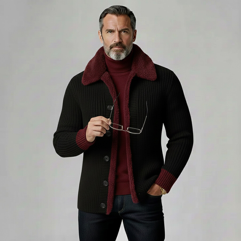 Men's Black Contrast Plush Patchwork Turndown Collar Long Sleeve Button Knit Cardigans