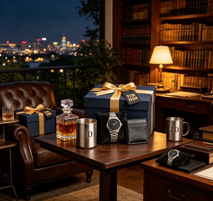 Men's Gifts-Luxury Gift Set for Men, Stainless Steel Watch + Leather Card Holder + Custom Engraved Metal Tumbler, Premium Gift Box for Him