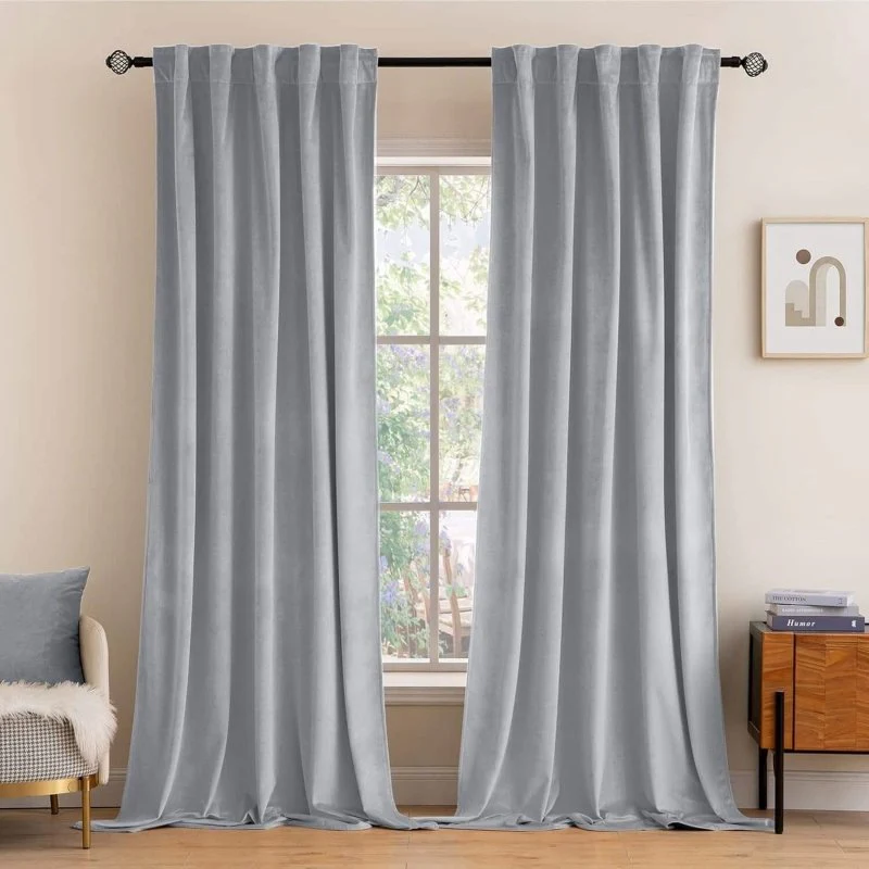 Custom Velvet Curtains Luxury Blackout Curtains  (2 Panels) - Greyish White