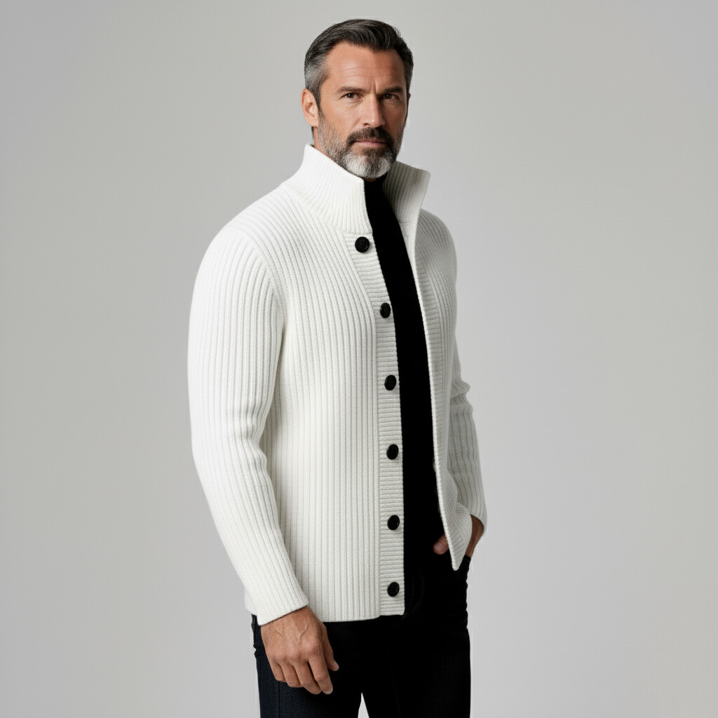 Men's White Stand Collar Long Sleeve Button Ribbed Knit Sweater Jacket