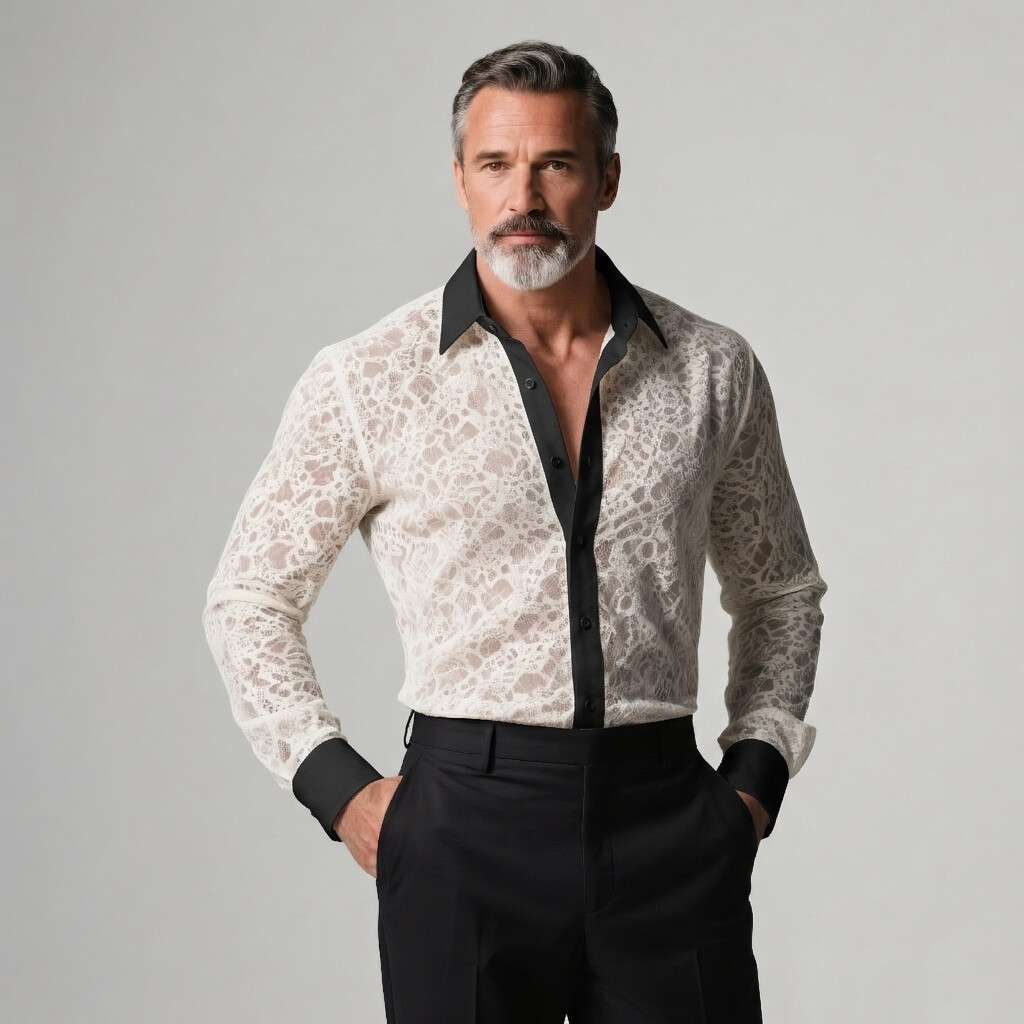 Men's Party Sheer Lace Contrast Trim Long Sleeve Shirt