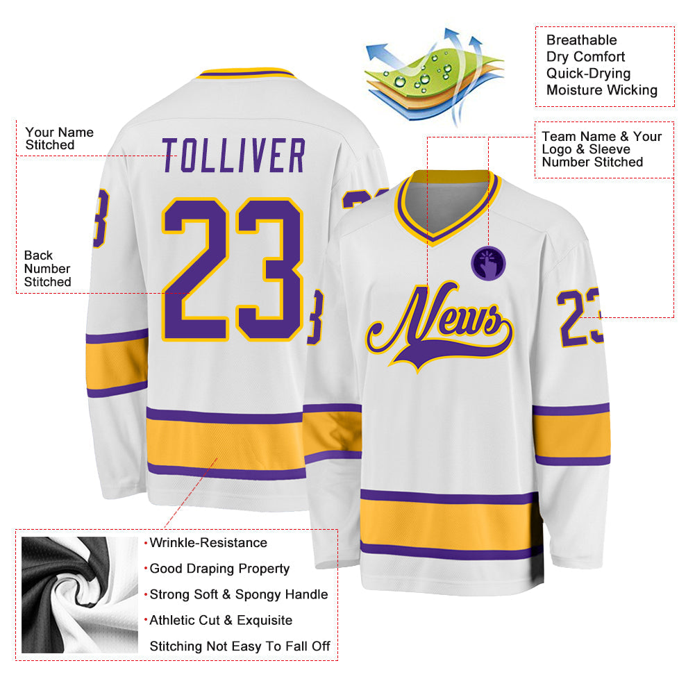 Custom White Purple-Gold So Cool Hockey Jersey