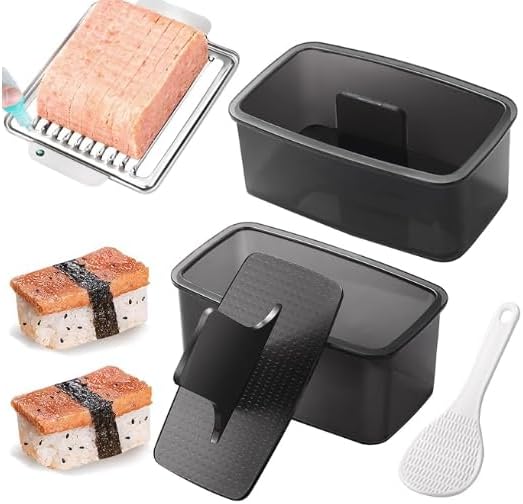 Press Mold Kit – (2 press mold+1 scoop+1 slicer) Clear Maker with 304 Stainless Steel Luncheon Meat Slicer | Perfect for Musubi, Easy to Use, Even Shaping for Home & Meal Prep