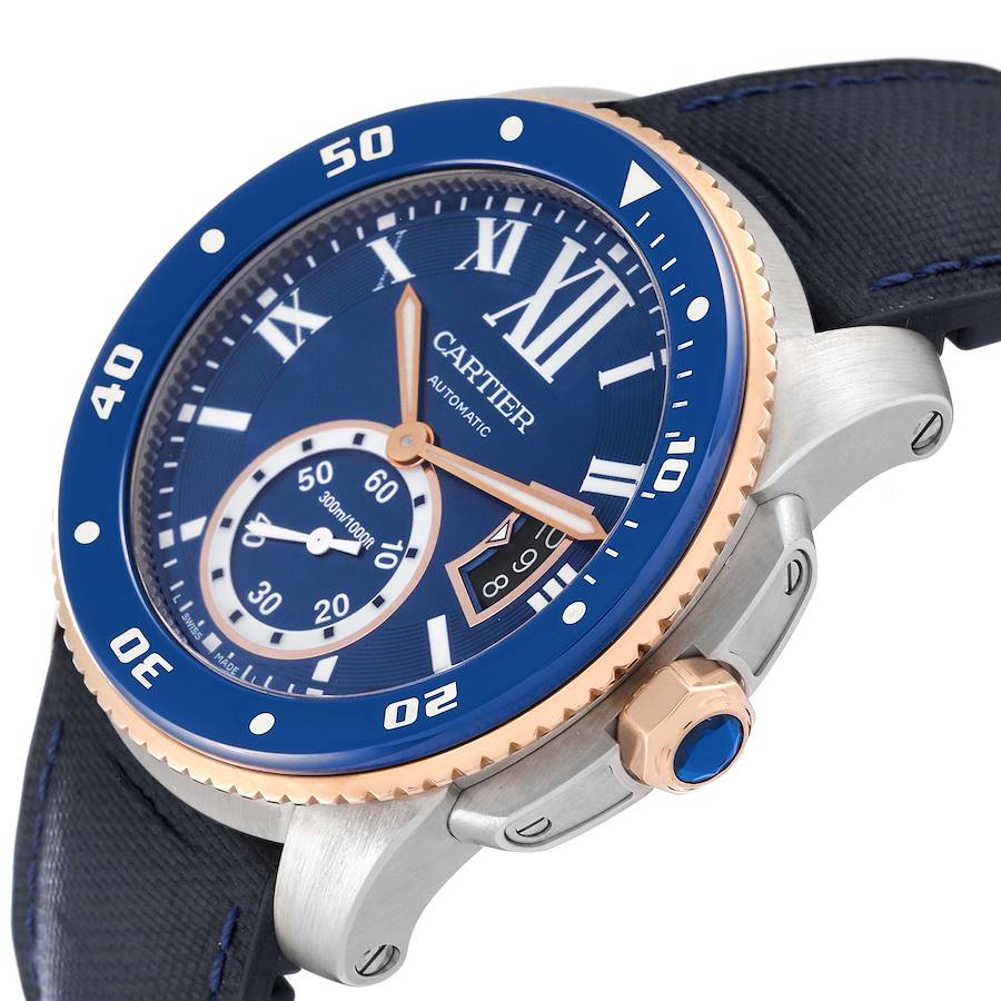 Cartier Calibre Diver Steel Rose Gold Blue Dial Mens Watch W2CA0008 Card
