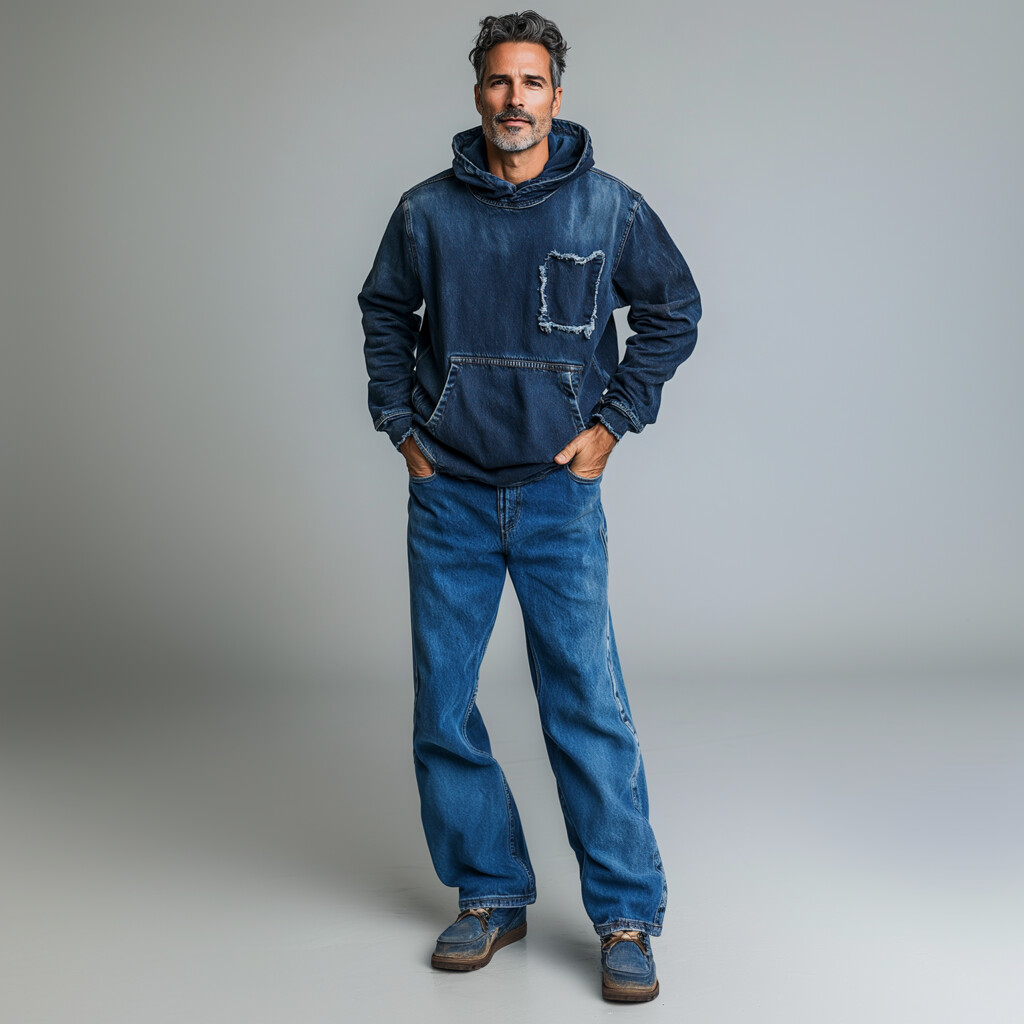 Men's Washed Denim Raw Edge Pocket Long Sleeve Casual Hoodie