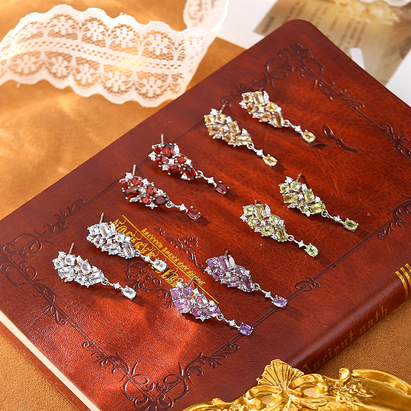 GemVibra 925 Silver Drop Earrings with Natural Amethyst/Citrine/Garnet/Peridot/Topaz & Rhinestone Accents