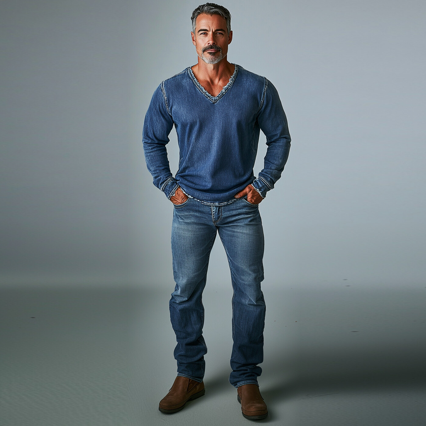 Men's Casual Raw Edge Denim V Neck Long Sleeve Sweatshirt