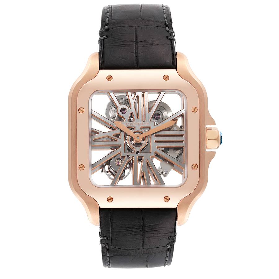 Cartier Santos 18k Rose Gold Skeleton Dial Mens Watch WHSA0010