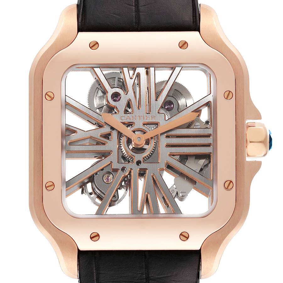 Cartier Santos 18k Rose Gold Skeleton Dial Mens Watch WHSA0010