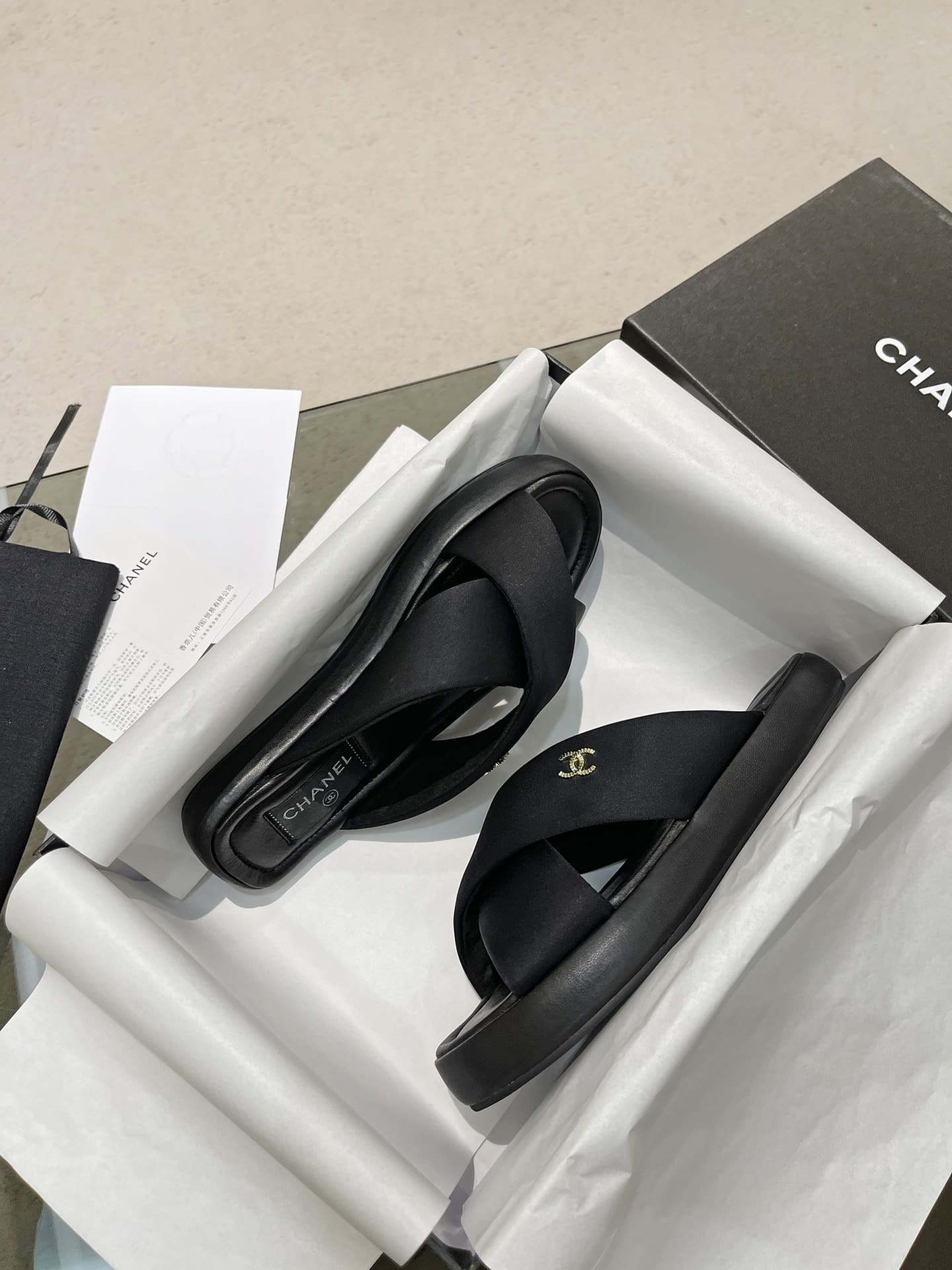 Chanel Cc Logo Criss Cross Slides Black