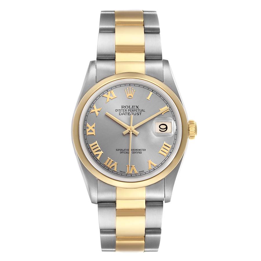 Rolex Datejust Steel Yellow Gold Slate Roman Dial Mens Watch 16203