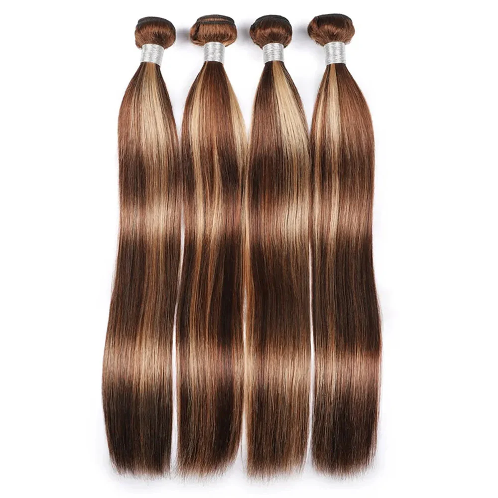 Brown With Honey Blonde Highlights 3 Bundles Brazilian Straight & Body Wave Human Hair Extensions