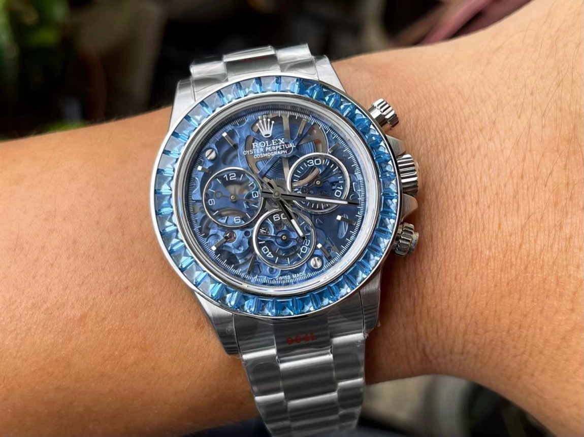 Daytona Arolla N6F Glacial Blue Crystal Skeleton Dial Diamonds Bezel Best Edition on Oyster Bracelet SA4130