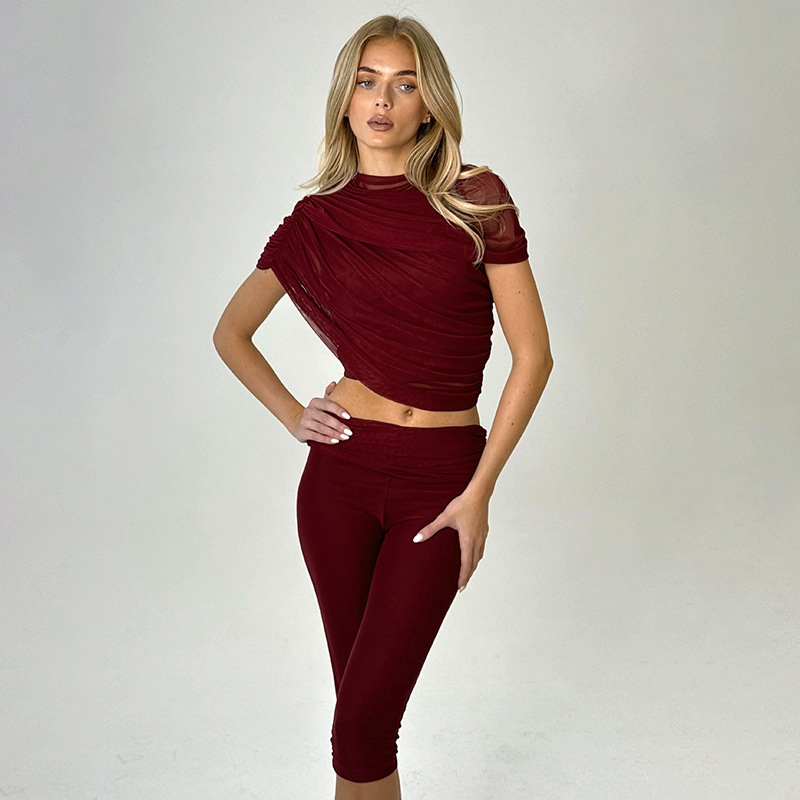 Women Spring Sexy Draped Top and Capri Pants Two-Piece Set