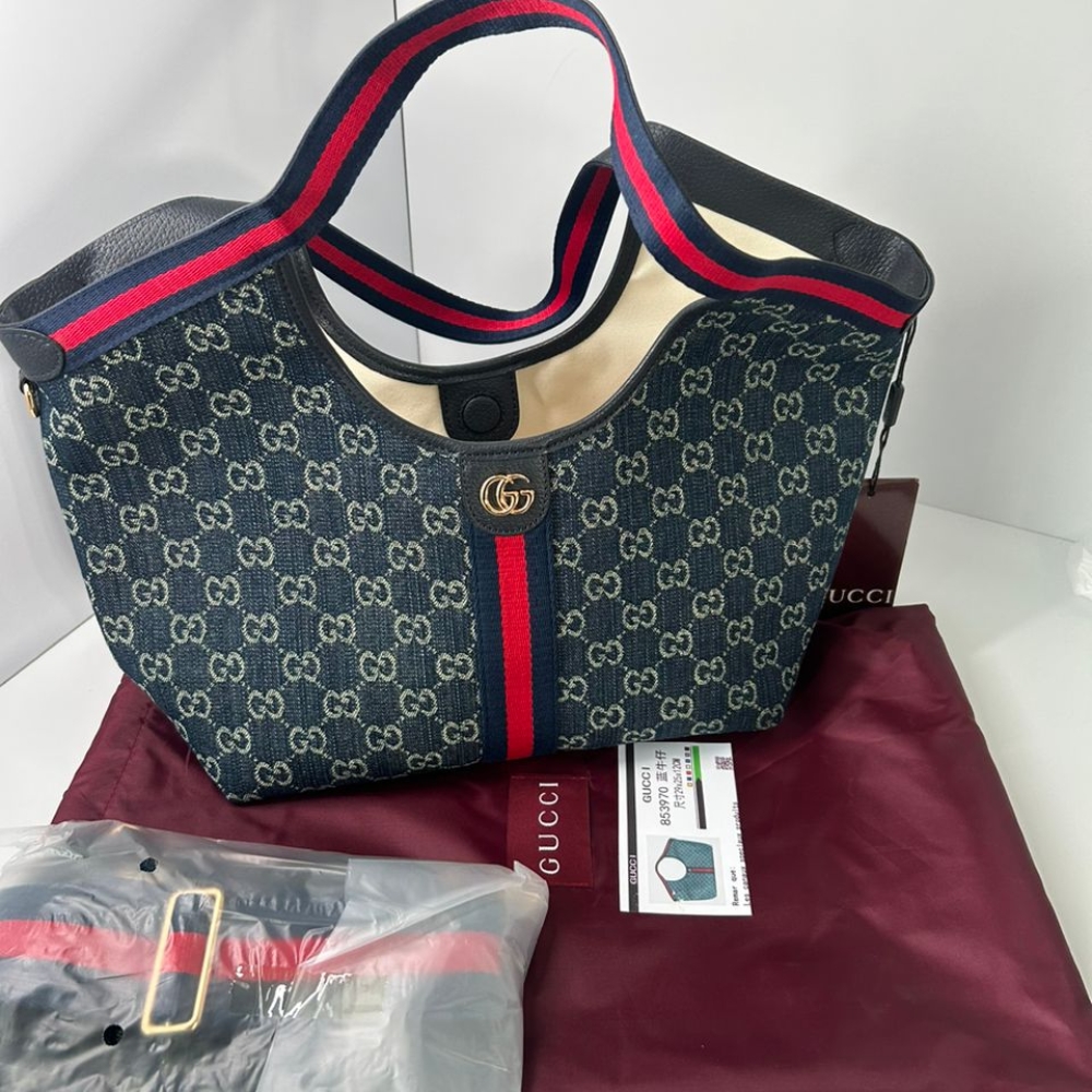 Gucci Giglio Small Tote Bag Blue And White GG Denim 25cm 860845 FAFRW 8864