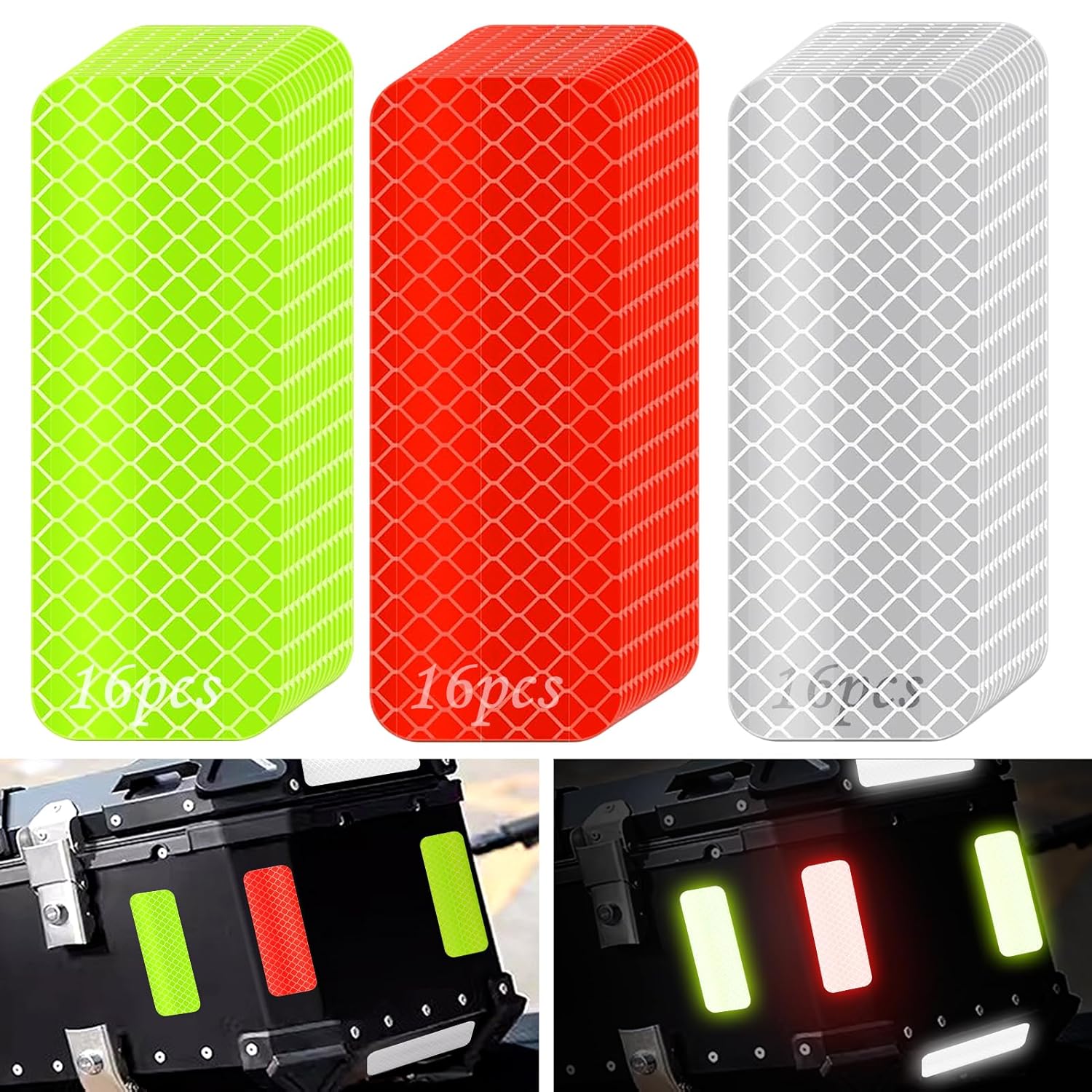 Reflective Tape 1.2′′ x 3.15′′ (Red, White, Green) – 48 Pack High-Intensity Safety Stickers for Cars, Trucks, Motorcycles – Waterproof, Easy to Apply