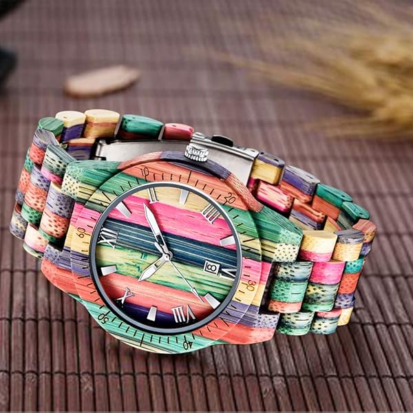 Wooden Watches Mens with Handmade Colorful Bamboo Wood Watch Analog Date Quartz Wooden Watch for Men Q1057