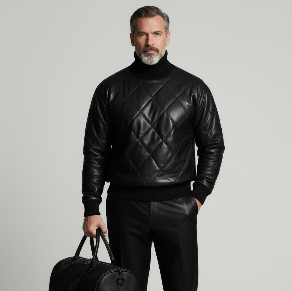 Men's Black Knit Trim Turtleneck Long Sleeve Quilted PU Leather Sweatshirt