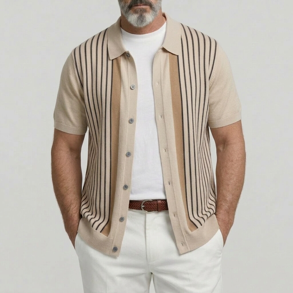 Men's Casual Apricot Striped Pattern Button Up Knit Short Sleeve Shirt