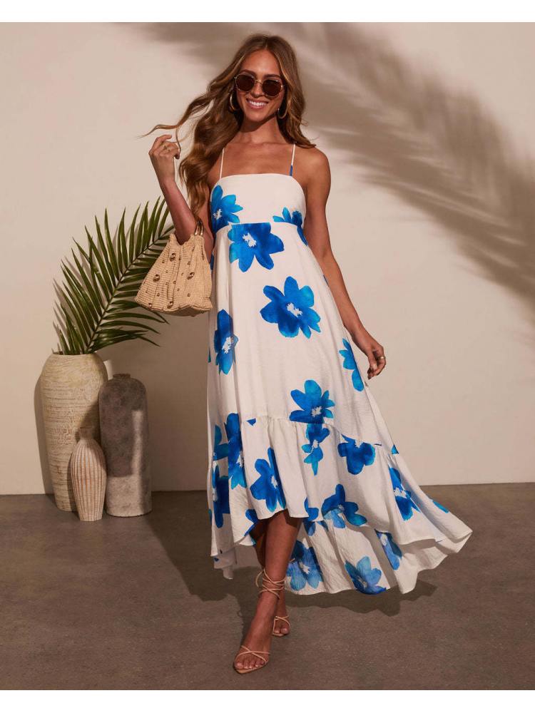 Floral Printed Backless Lace-Up Maxi Dress