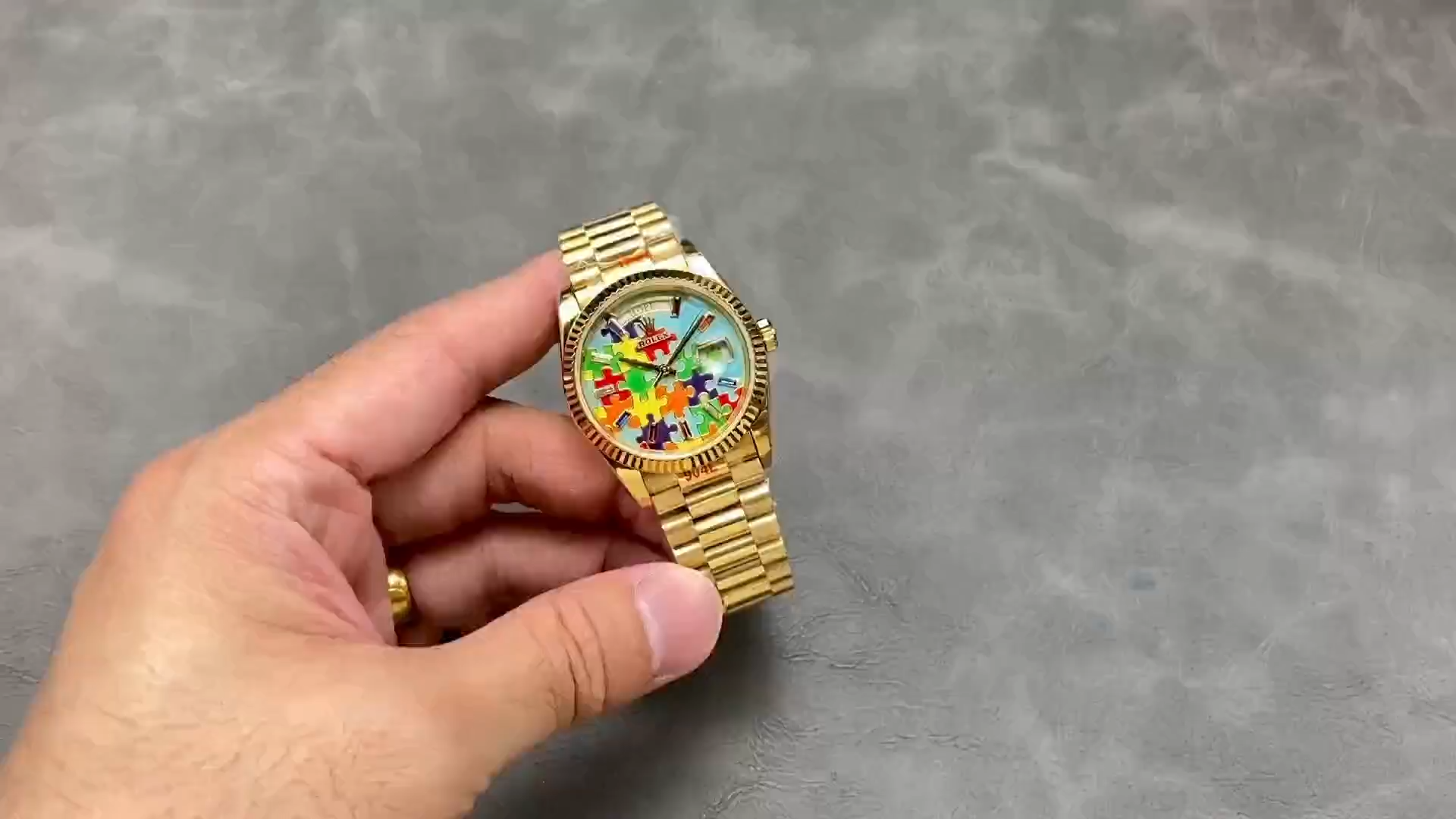 Rolex Day Date 128238-0106 36mm Yellow Gold Fluted Bezel Emoji Puzzle Dial
