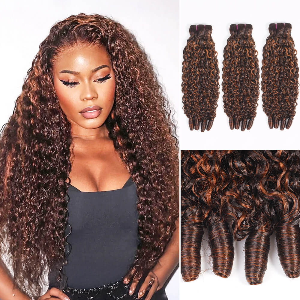 Megalook 12A Dark Brown With Highlights Burmese Curly 3 Bundles With Finger Coil Ends Brazilian Human Hair Extension