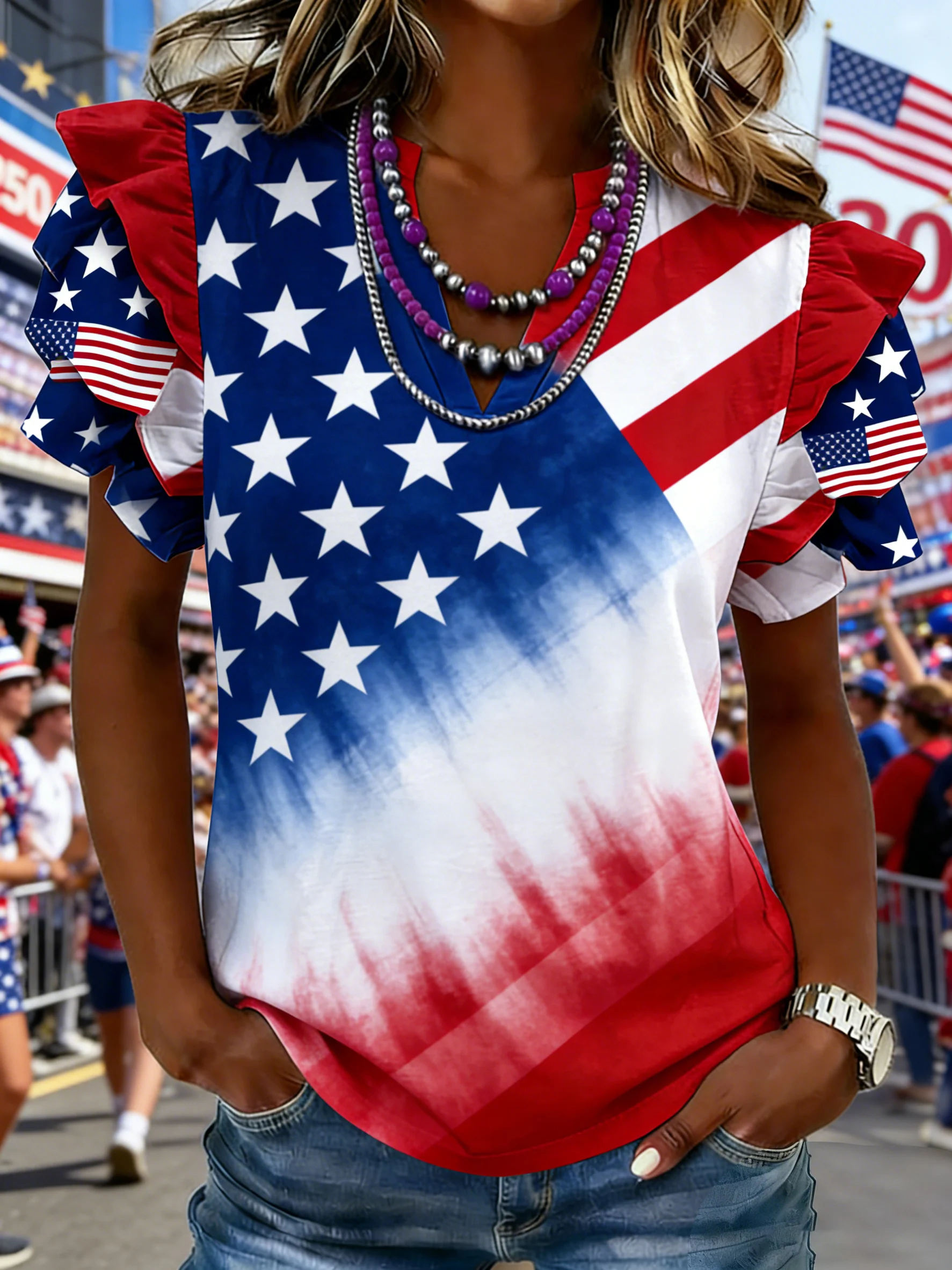 Women's patriotic 250th anniversary printed flag ruffled sleeve top
