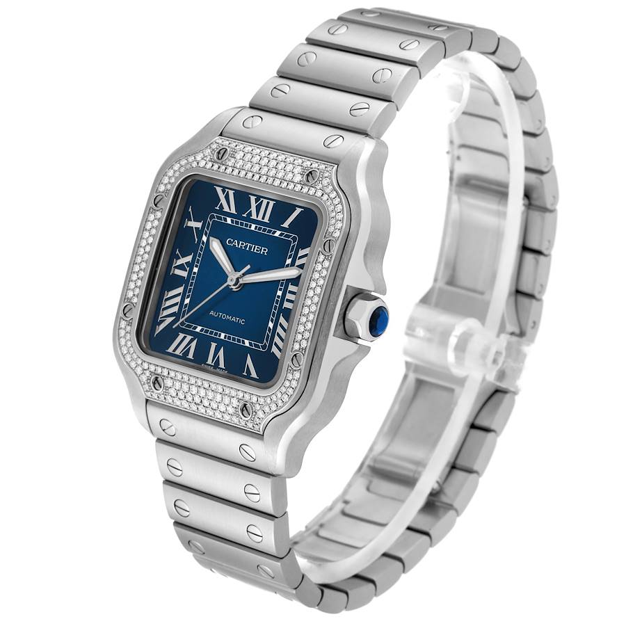 Cartier Santos Blue Dial Diamond Steel Mens Watch W4SA0006