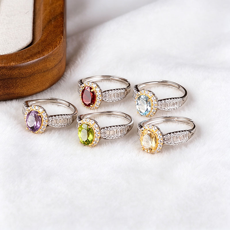 GemVibra S925 Silver Open Statement Ring with Multi-Gemstone Halo & Rhinestone Accents