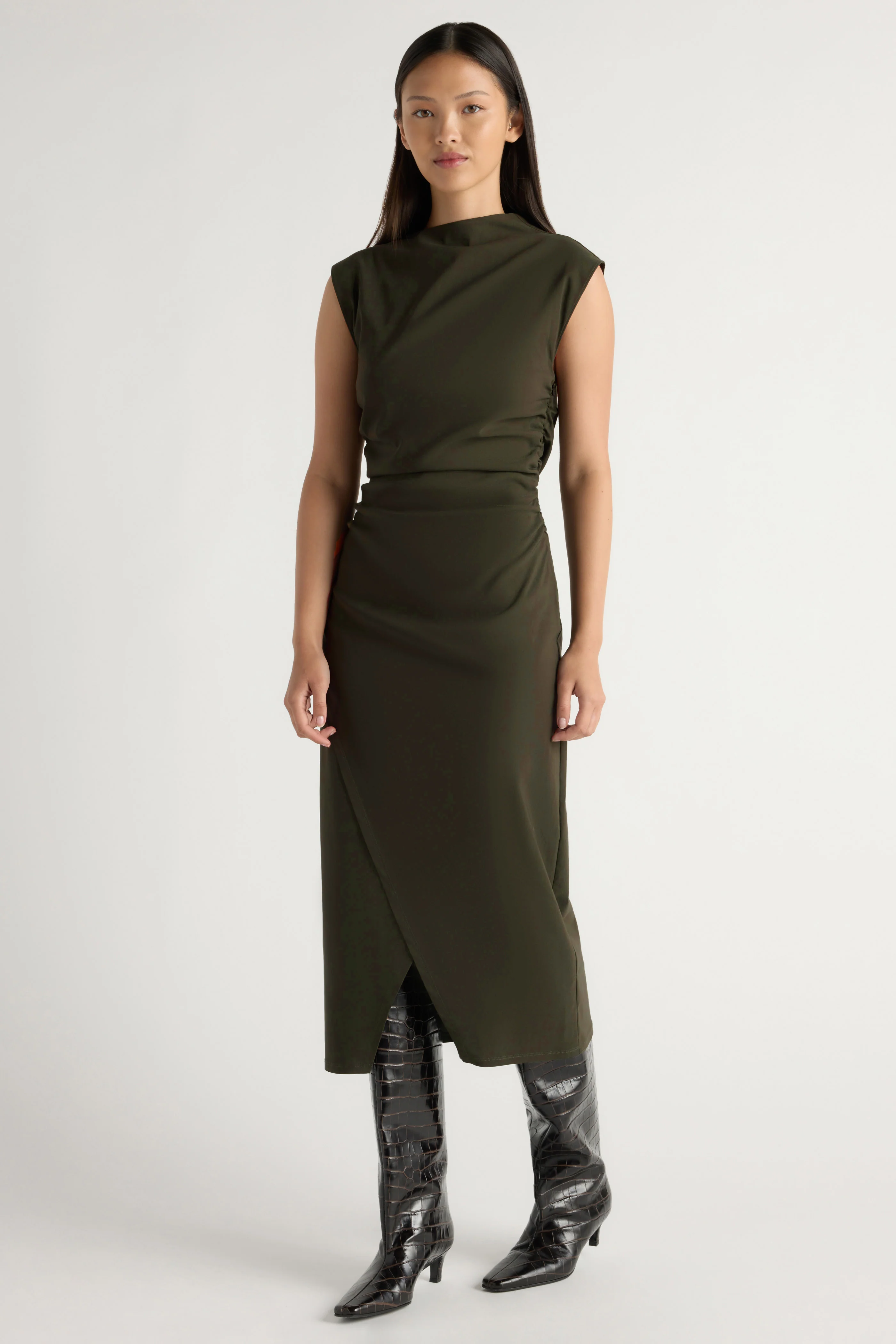 Manon Asymmetric-Neck Ruched Dress