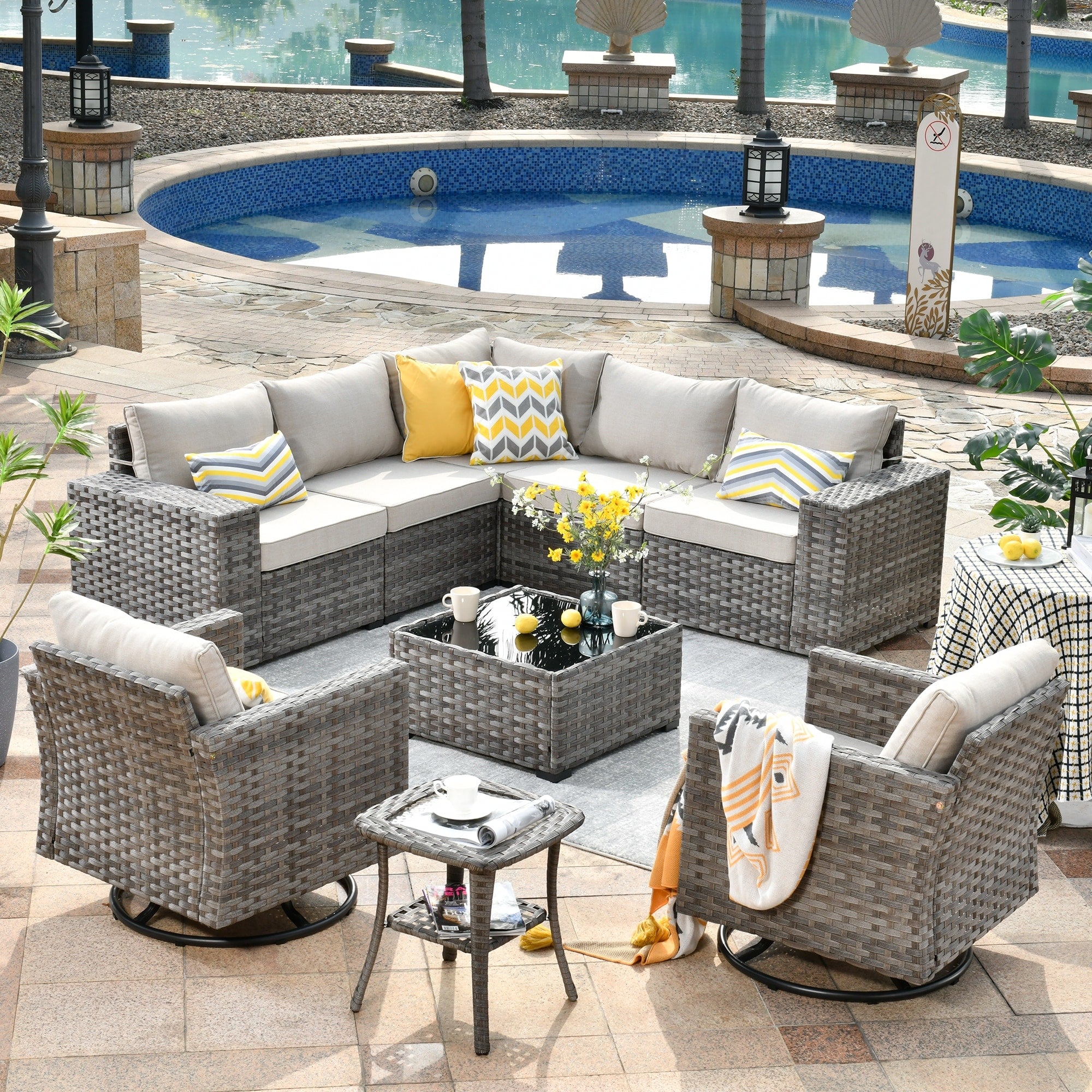 OVIOS 9-piece Patio Wicker Swivel Rocking Chair Set with Glass-Top Tables
