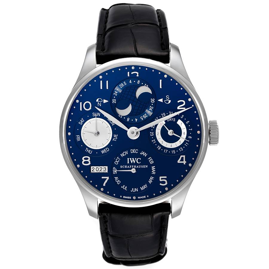 IWC Portuguese Perpetual Calendar Blue Dial White Gold Mens Watch IW503203