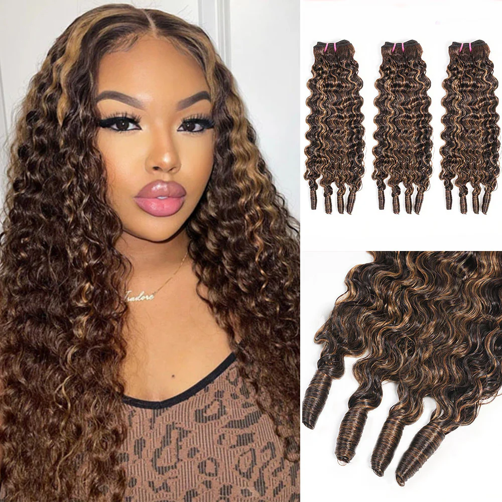Megalook 12A Highlight P4/27 Burmese Curly 3 Bundles With Finger Coil Ends Brazilian Human Hair Extension