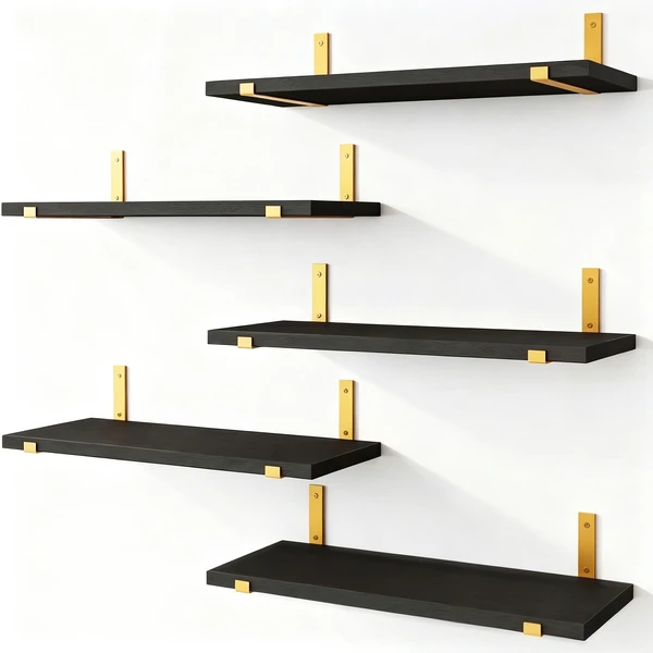 5-Tier Floating Shelves Wall Mounted Black Wood Wall